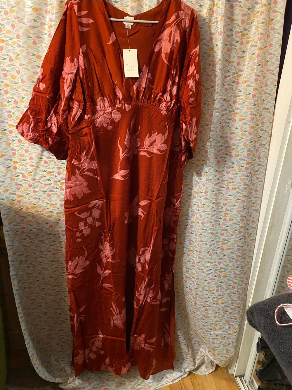 a new day Red Maxi Dress with Pink Floral Print